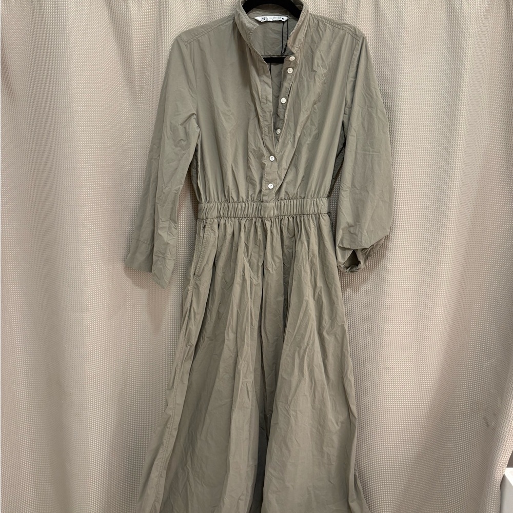 Zara Light Olive Green Long Sleeve Shirt Dress
